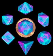 10mm Mini Poly Dice Set: Turquoise and Purple Marble with Blue Numbers